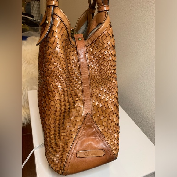 COLE HAAN Genevieve Weave Large Triangle Tote Hobo Bag Purse British Tan Cognac - Picture 3 of 11